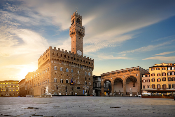 Florence - Medieval Palazzo Vecchio in Piazza della Signori, classic Medieval architecture