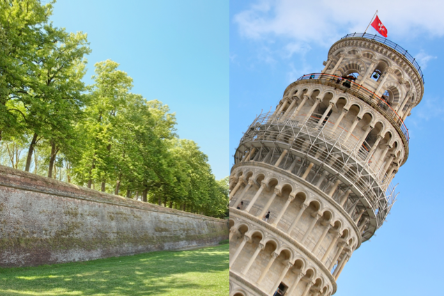 split image of the ancient wall of Lucca and the Leaning Tower of Pisa