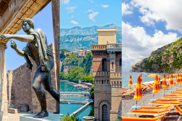 split image of the Pompei ruins, the Sorrentine peninsula and the beach in Positano