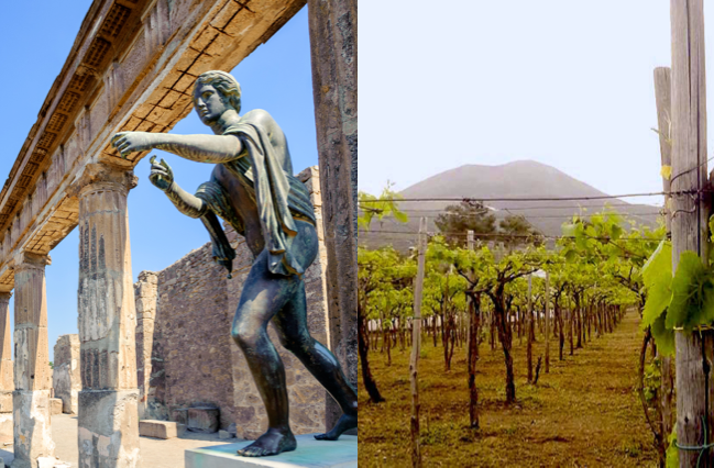 split image of a temple and sculpture at Pompei and vineyard with Mt. Vesuvius in the distance