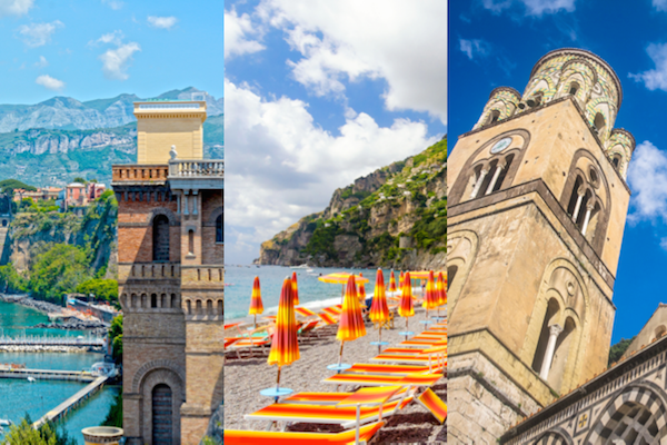 split image of the Sorrentine peninsula, the seaside in Positano, and the cathedral in Amalfi