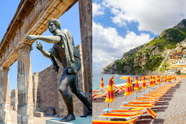 split image of a temple and scuplture of Apollo at Pompei and the beach with colorful umbrellas in Positano