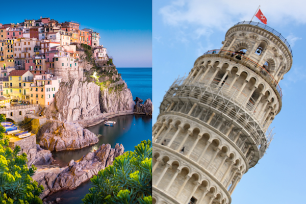 split image of Manarola in the Cinque Terre and the Leaning Tower of Pisa