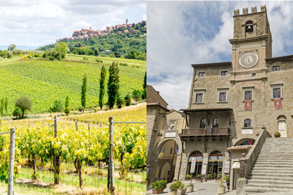 rolling hills and vineyards near Montepulciano and the Medieval town hall with clock tower in Cortona