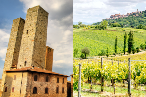 split image of towers of San Gimignano and vineyards with Montepulciano in the distance