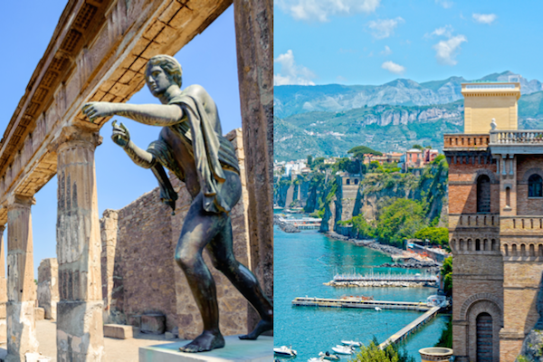 split image of the temple and sculpture of Apollo at Pompei and the Sorrentine peninsula